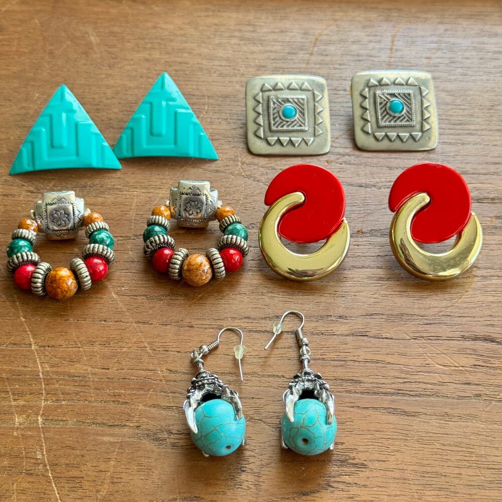 Lot of 5 Vintage 80s Colorful Southwestern, Turquoise, and Geometric Earrings
